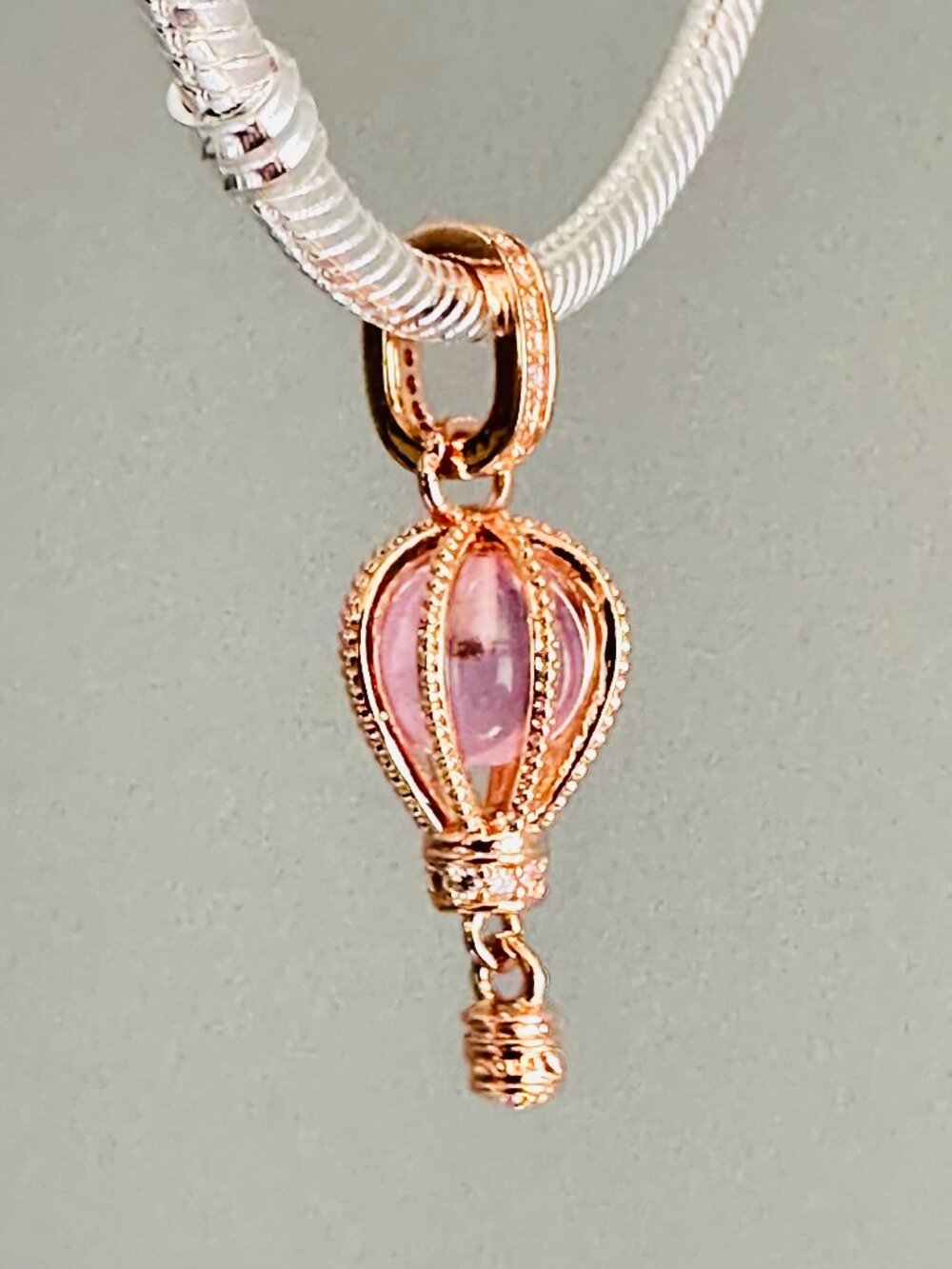 PANDORA Sparkling Pink Hot Air Balloon Dangle Charm / Pandora Silver Bracelet
